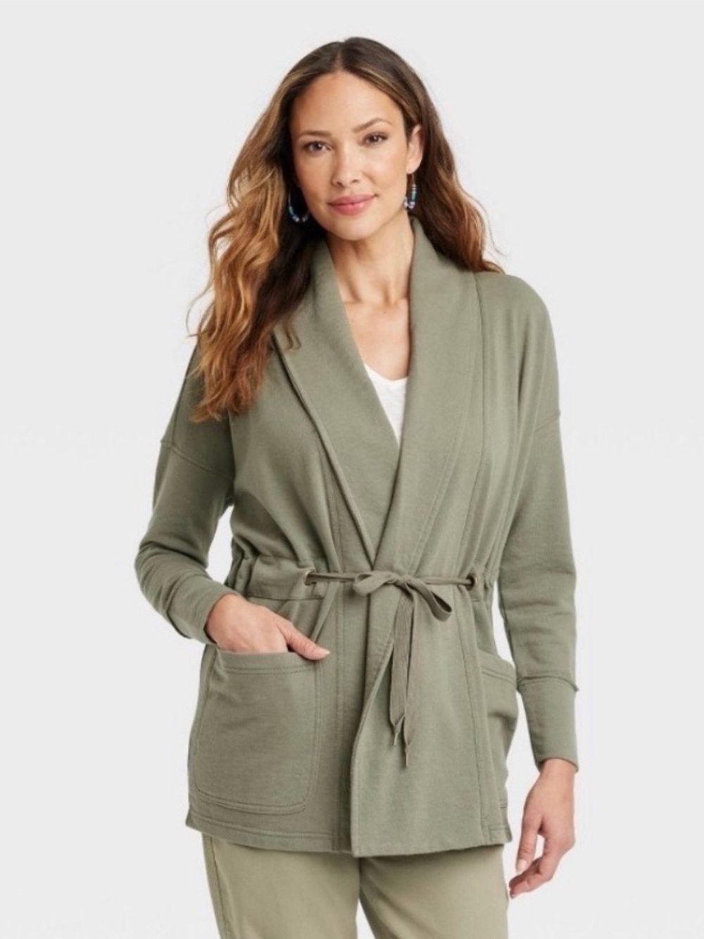 Shawl-Collar Tie-Waist Robe Cardigan in Olive